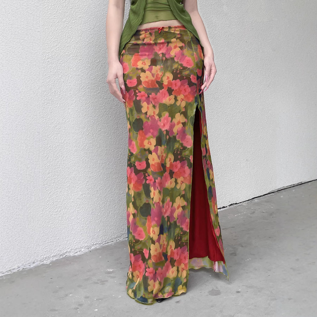 Damen Maxi-Rock mit floralem Chiffon-Design und seitlichem Schlitz Drune