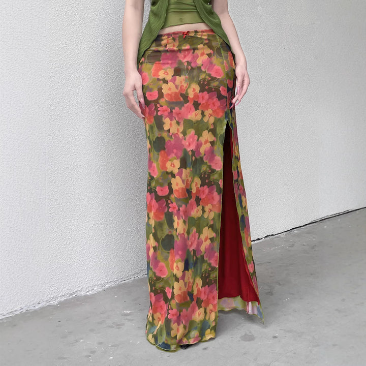 Damen Maxi-Rock mit floralem Chiffon-Design und seitlichem Schlitz Drune