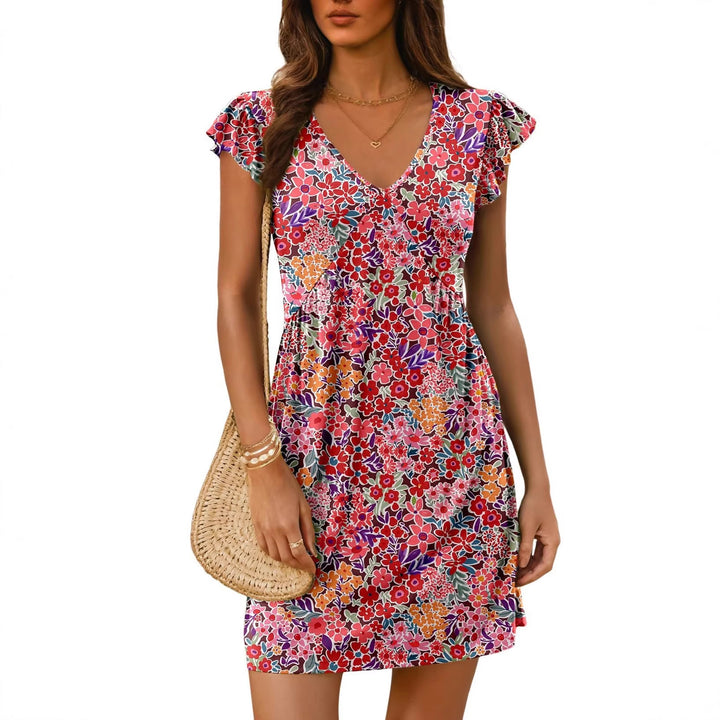 Damen luftiges sommerliches Kleid mit floralem Muster und V-Ausschnitt Drune