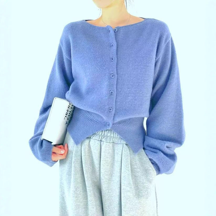 Damen Crop-Pullover mit Knopfdetail und oversized Ärmeln Drune