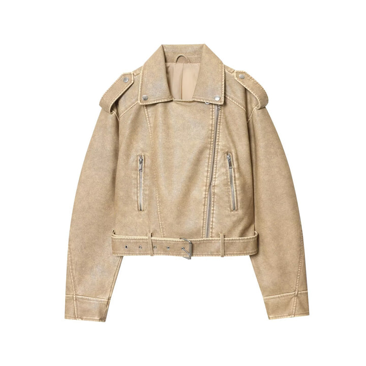 Damen modische Bikerjacke im Vintage-Look mit Taillengürtel und Reißverschlusstaschen Drune