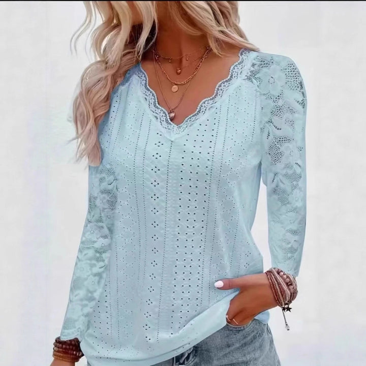 Damen Elegantes Oberteil mit Spitzenbesatz und V-Ausschnitt Drune