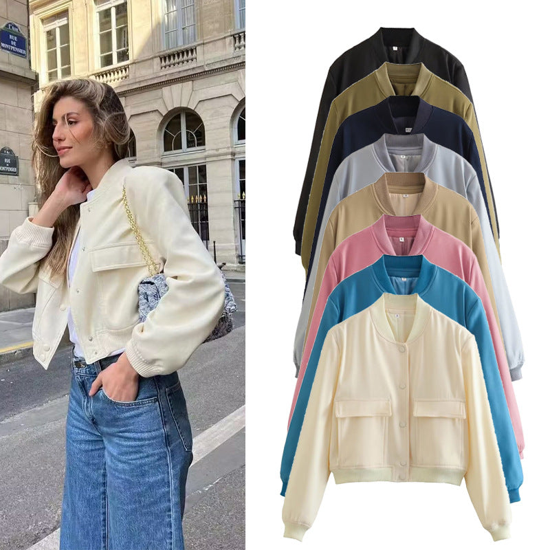 Damen modische cropped Bomberjacke mit großen Pattentaschen Drune