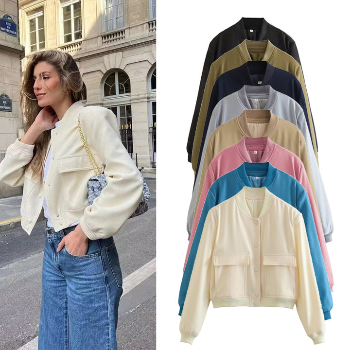 Damen modische cropped Bomberjacke mit großen Pattentaschen Drune