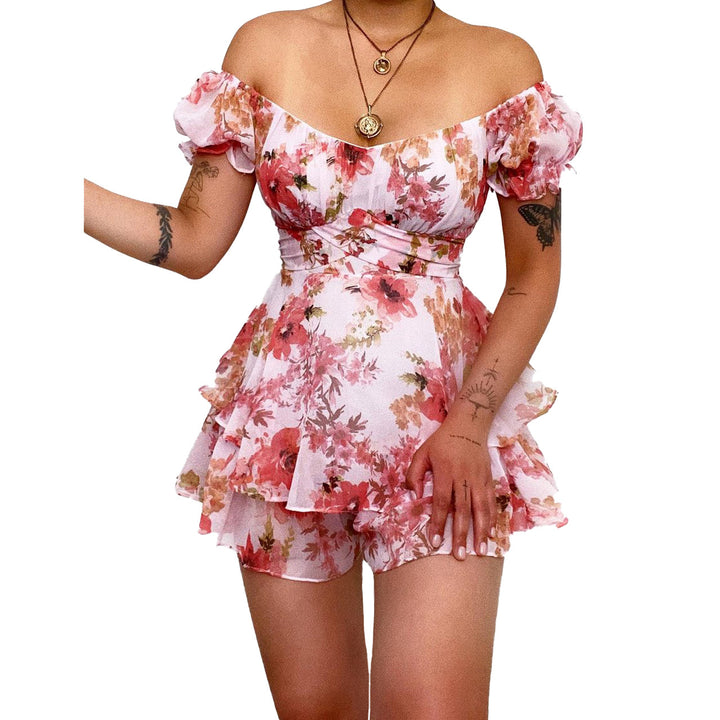Damen Kurzarm Overall mit romantischem Blumenmuster und fließendem Schnitt Drune