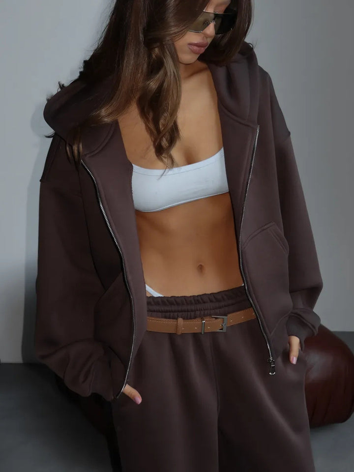 Damen stylischer Freizeit-Hoodie mit durchgehendem Reißverschluss und bequemen Jogginghosen Drune