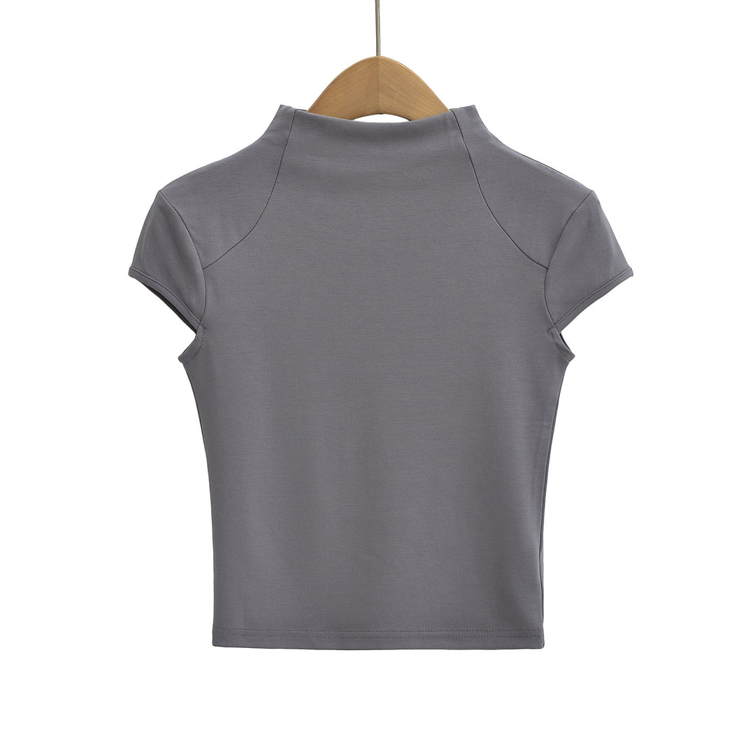 Damen hochwertiges Kurzarm-T-Shirt mit Stehkragen und figurbetontem Schnitt Drune