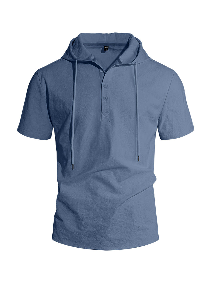 Herren nan kurzärmeliges Kapuzen-Henley aus Slub-Baumwolle mit verdeckter Knopfleiste und Kordelzug Drune