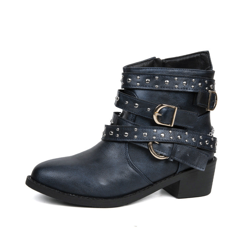 Damen nan knöchelhohe Biker-Stiefelette mit Nietenriemen, Ketten- und Dornschließen-Details Drune