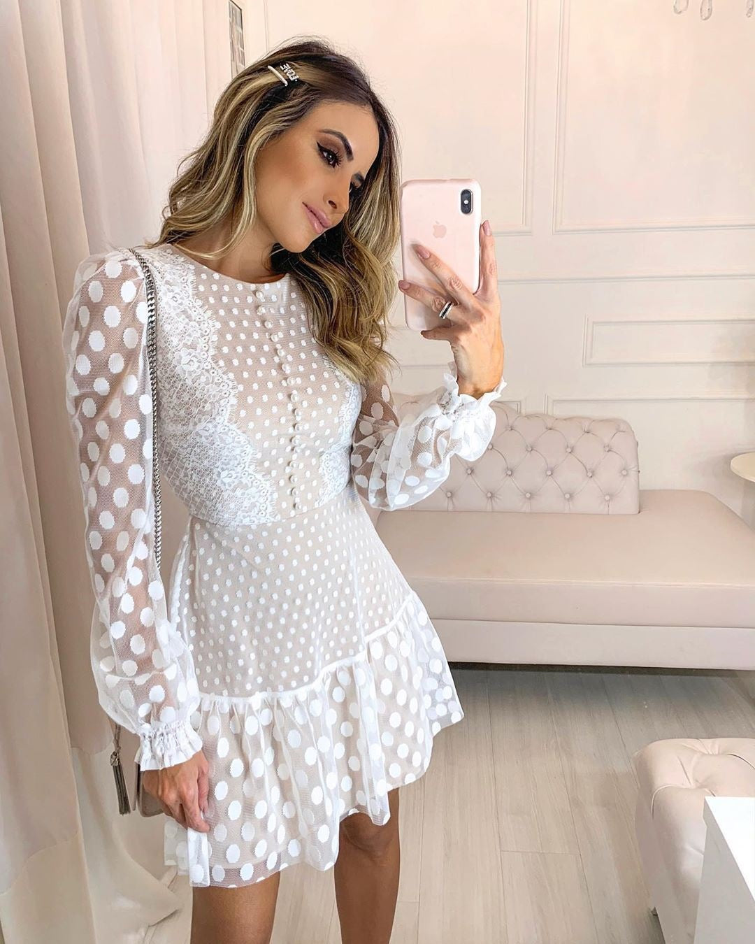 Damen Verspieltes Punktedesign Kleid mit transparenten Ärmeln und Volant Drune