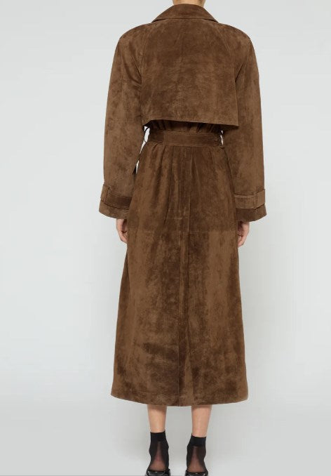 Damen Langer Wildleder-Mantel mit taillierbarem Gürtel und modischem Kragen Drune