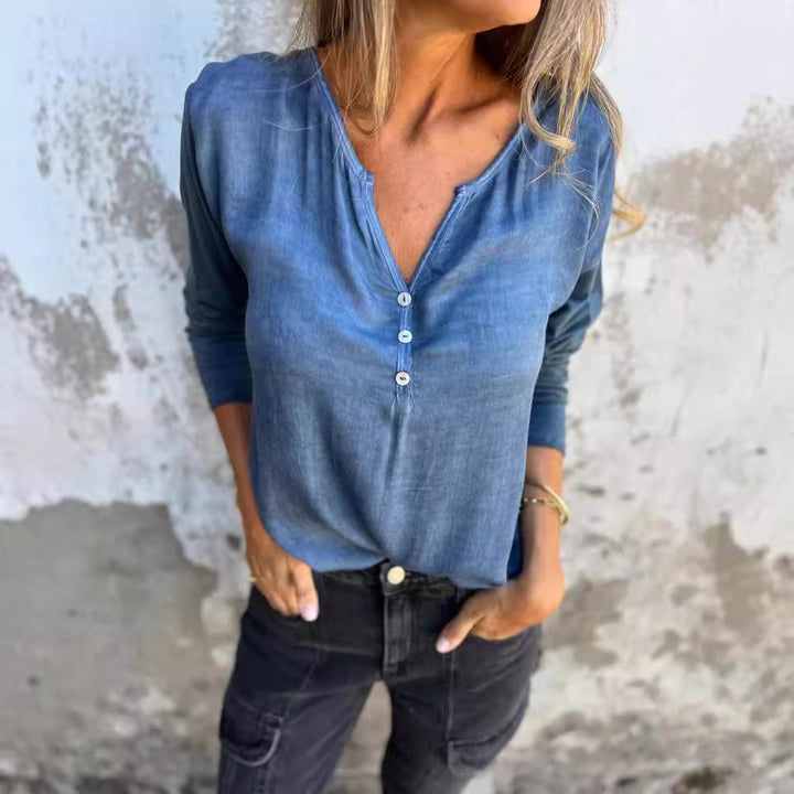 Damen Langarmshirt mit Knopfdetails und elegantem V-Ausschnitt Drune