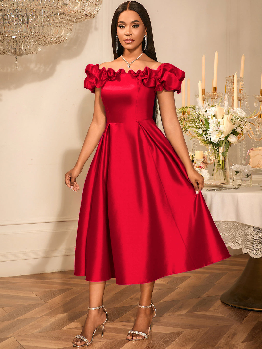 Damen Cocktailkleid mit schulterfreiem Design und voluminösen Rüschendetails Drune