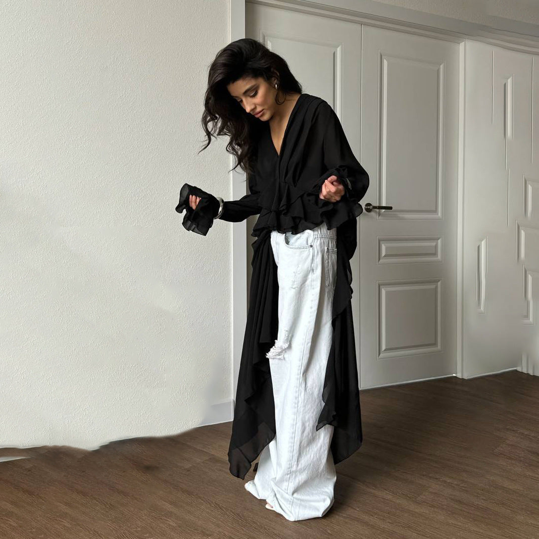 Damen Elegantes, fließendes Maxikleid mit weitem Schnitt und Rüschendetails Drune
