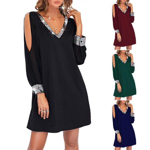 Damen elegantes Kleid mit schimmerndem V-Ausschnitt und Puffärmeln Drune