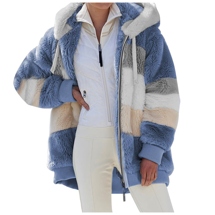 Damen nan oversized Kunstfelljacke mit Kapuze, Blockstreifen-Optik und zweifachem Reißverschluss Drune