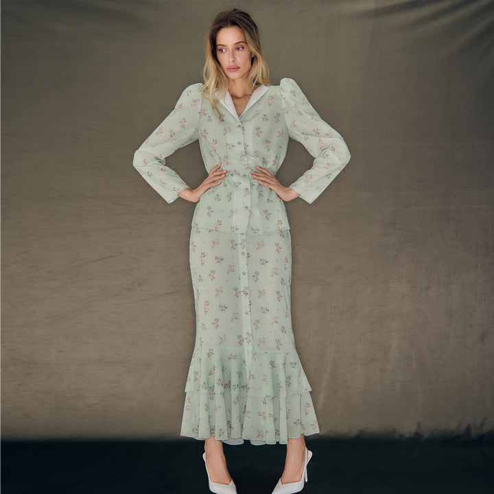 Damen Blütenmuster Maxikleid mit Puffärmeln Drune