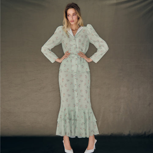Damen Blütenmuster Maxikleid mit Puffärmeln Drune