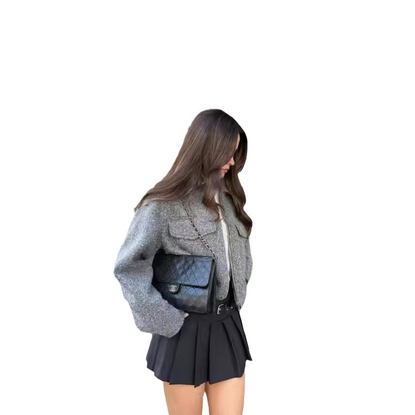 Damen cropped Winterjacke mit klassischem Kragen und Brusttaschen Drune