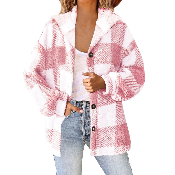 Damen nan kuschelige karierte Teddyjacke mit Kapuze, Knopfverschluss und oversized Schnitt Drune