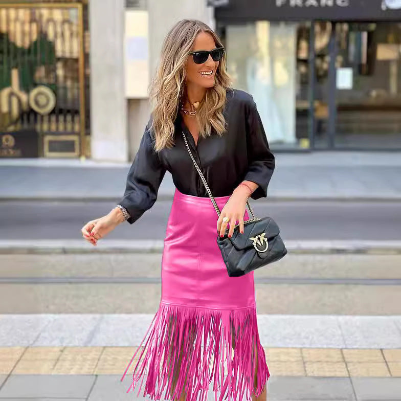 Damen Fuchsia-Fransenrock aus Kunstleder mit figurbetonter Silhouette und schwingendem Design Drune