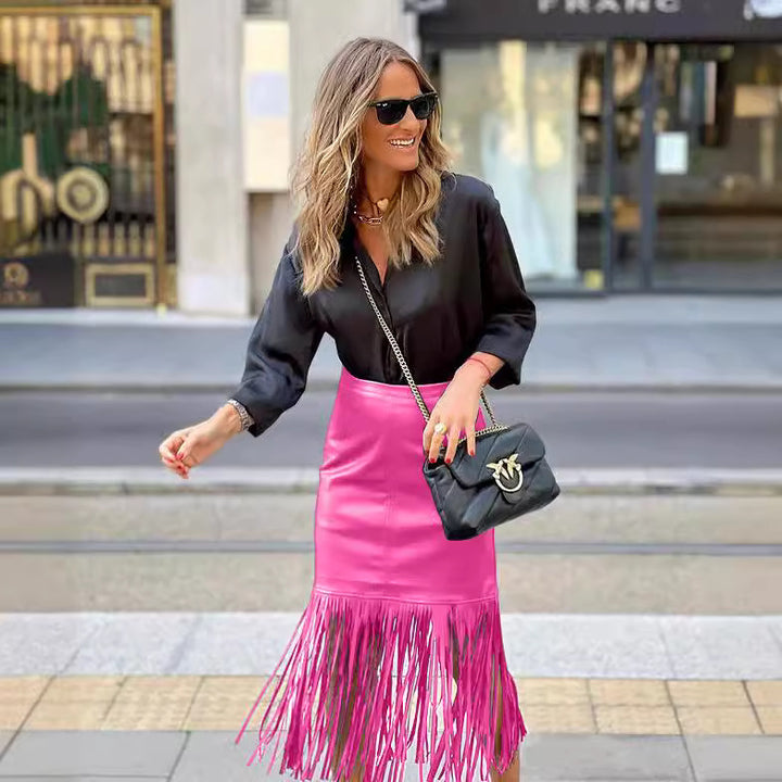 Damen Fuchsia-Fransenrock aus Kunstleder mit figurbetonter Silhouette und schwingendem Design Drune