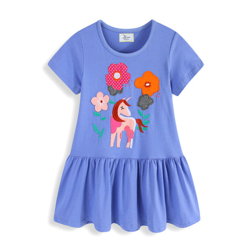 Mädchen Baumwoll-Kleid mit handgestickter Einhorn-Applikation Drune