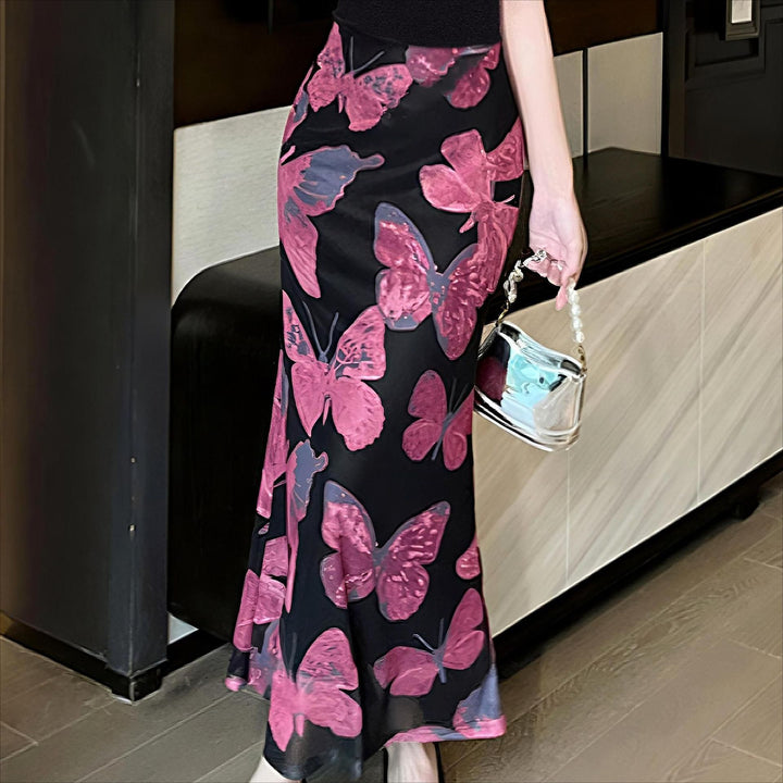 Damen Elegantes Maxikleid mit floralen Schmetterlingsmustern und transparentem Saum Drune