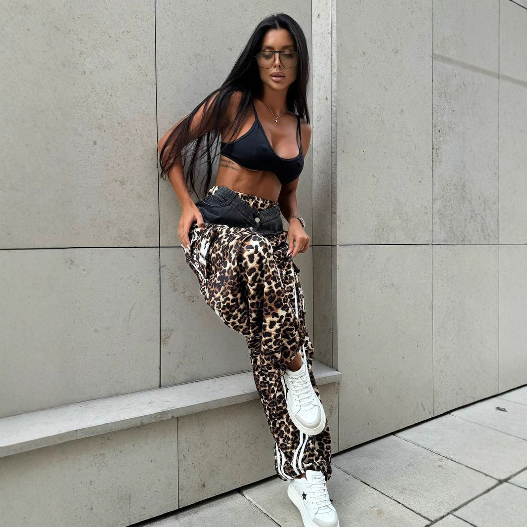 Damen Freizeithose mit Leopardenmuster und seitlichen Streifen Drune