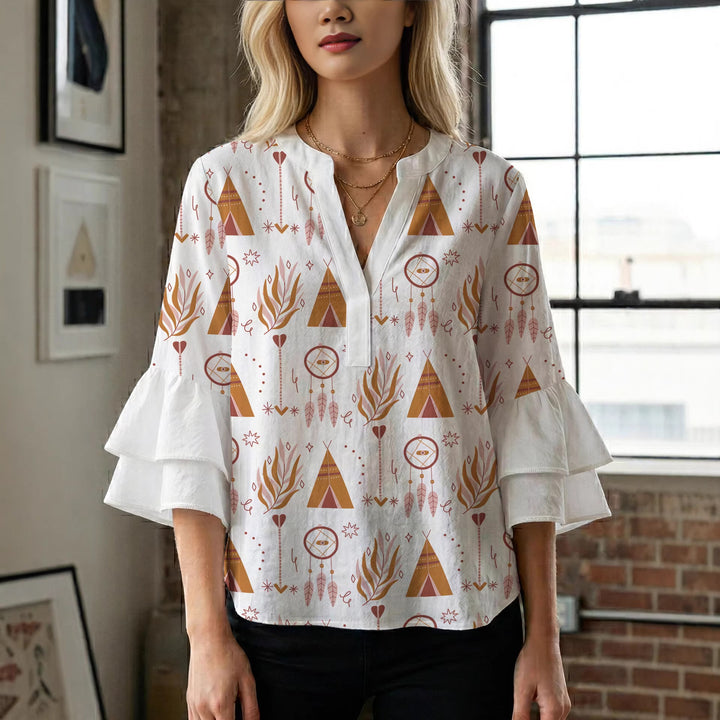 Damen Bluse mit voluminösen Rüschenärmeln und modernem Motiv Drune