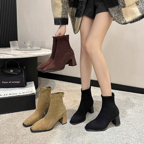 Damen Stiefeletten mit elegantem Blockabsatz und weichem Veloursleder Drune