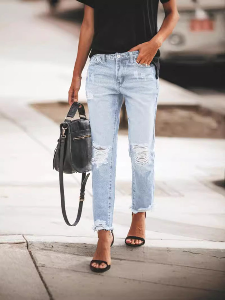 Damen Ripped Denim-Jeans mit lässigem Schnitt und ausgefranstem Saum Drune