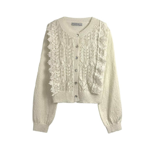 Damen Strickjacke mit aufwendiger Häkelspitze und eleganten Rüschendetails Drune