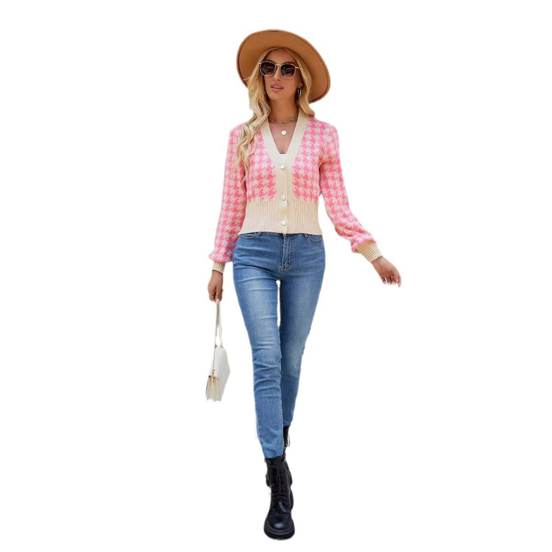 Damen modische Strickjacke mit Schachbrettmuster und Knopfdetails Drune