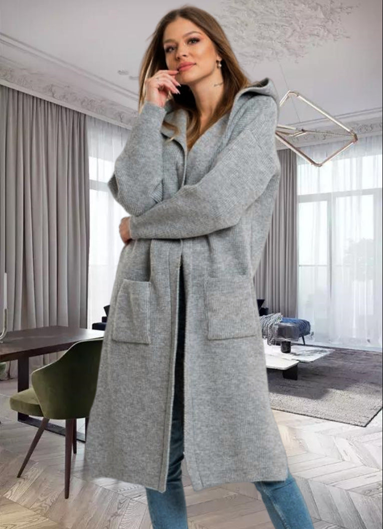 Damen Strickmantel mit Kapuze und großen Taschen Drune
