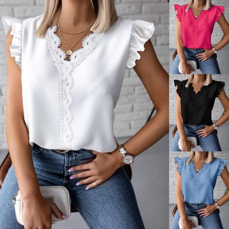 Damen Bluse mit Rüschendetails und Spitzenapplikationen Drune