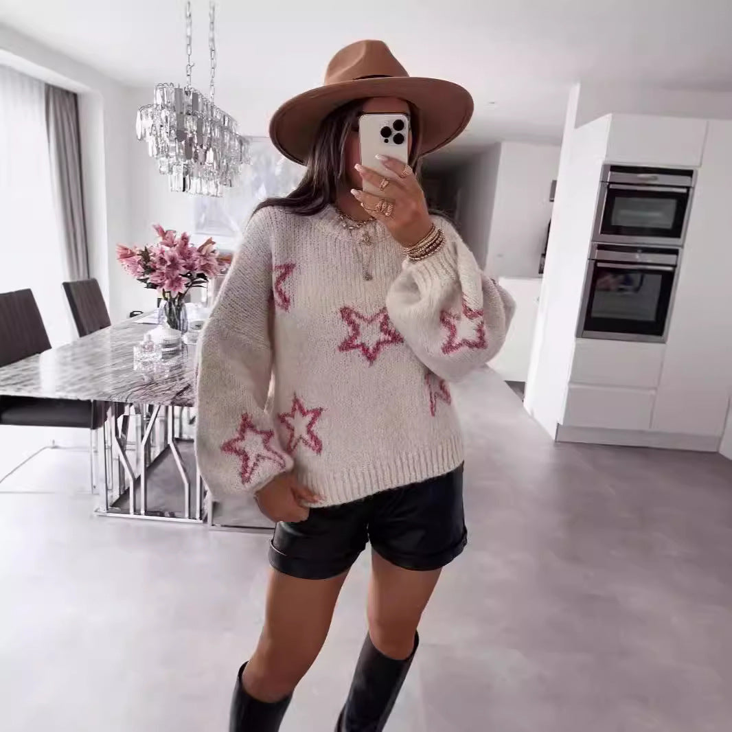 Damen Strickpullover mit Sternen-Design und weit ausgestellten Ärmeln Drune