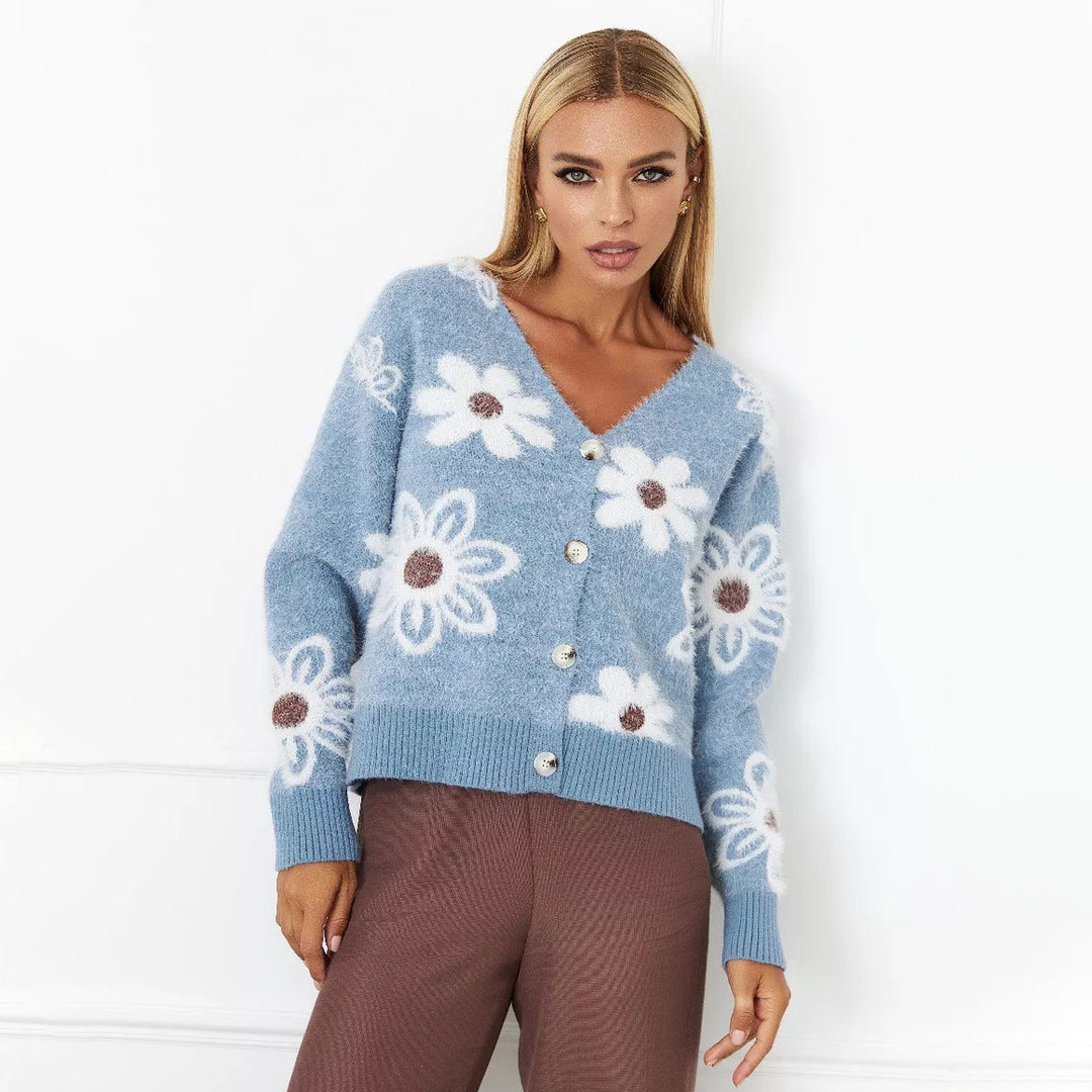 Damen Gemusterte Strickjacke mit floralen Motiven und Knopfverschlüssen Drune