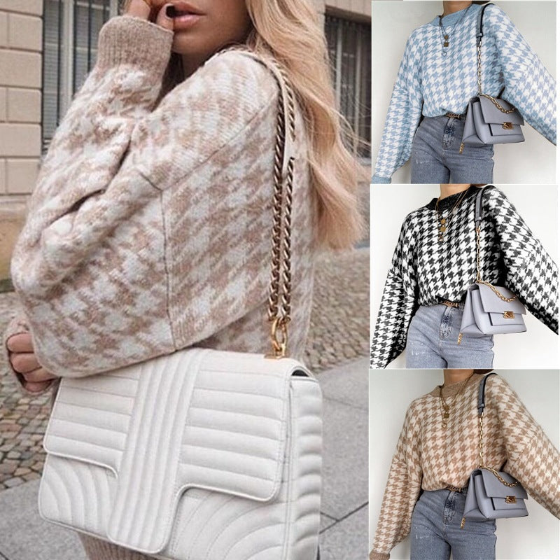 Damen gemütlicher Strickpullover mit modernem Hahnentrittmuster und weit geschnittenen Ärmeln Drune