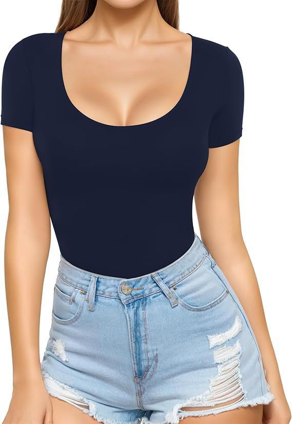 Damen figurbetontes Kurzarm-Body mit rundem Ausschnitt und nahtlosem Design Drune