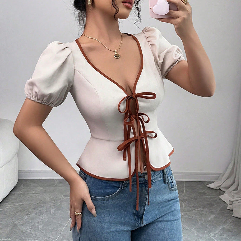 Damen Oberteil mit puffärmeln und sexy Zierschnürung Drune