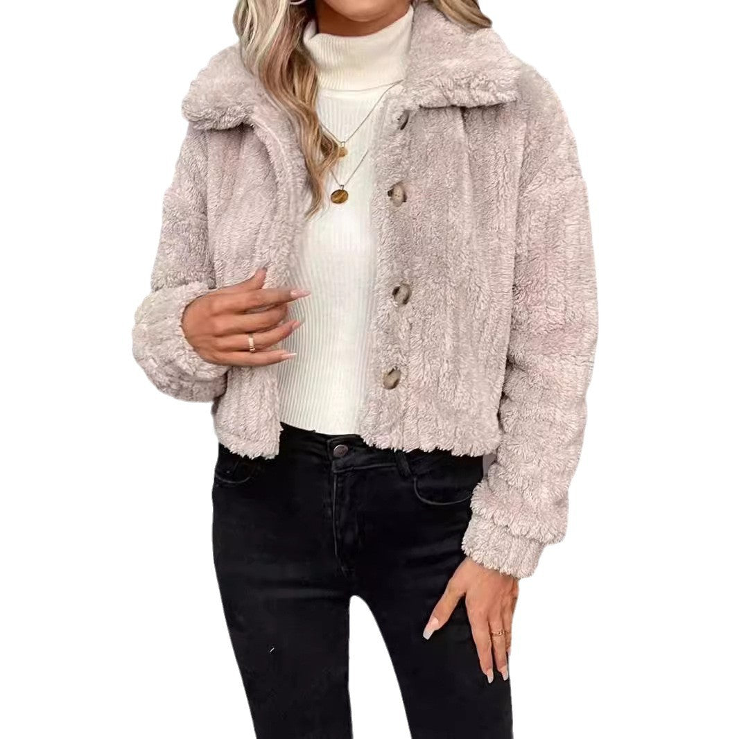 Damen Kuschelige Plüschjacke mit Knopfverschluss und Kragen Drune