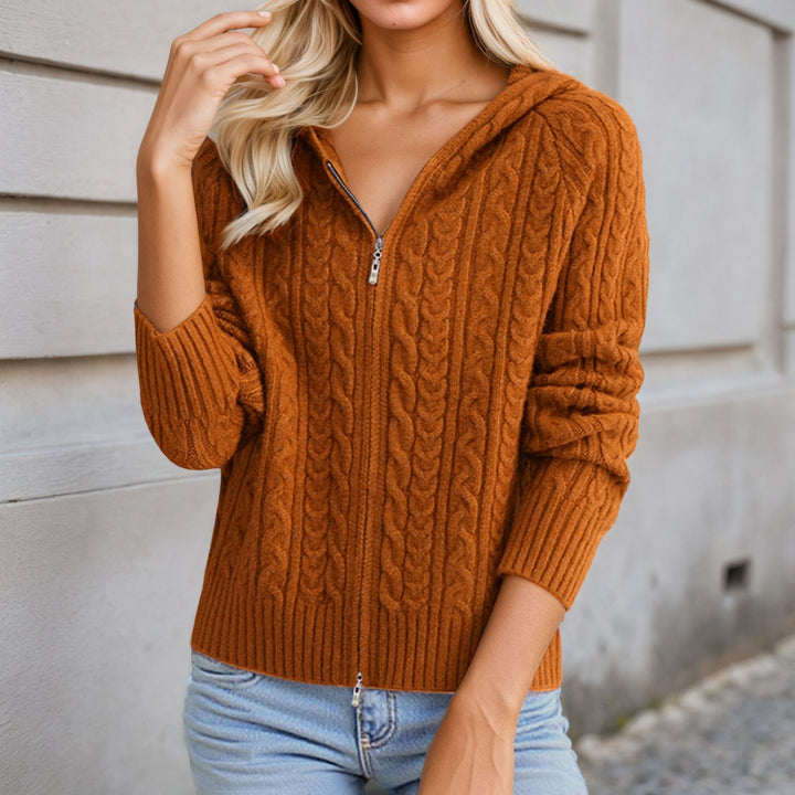 Damen Strickjacke mit Kapuze und detaillierter Zopfmusterstruktur Drune