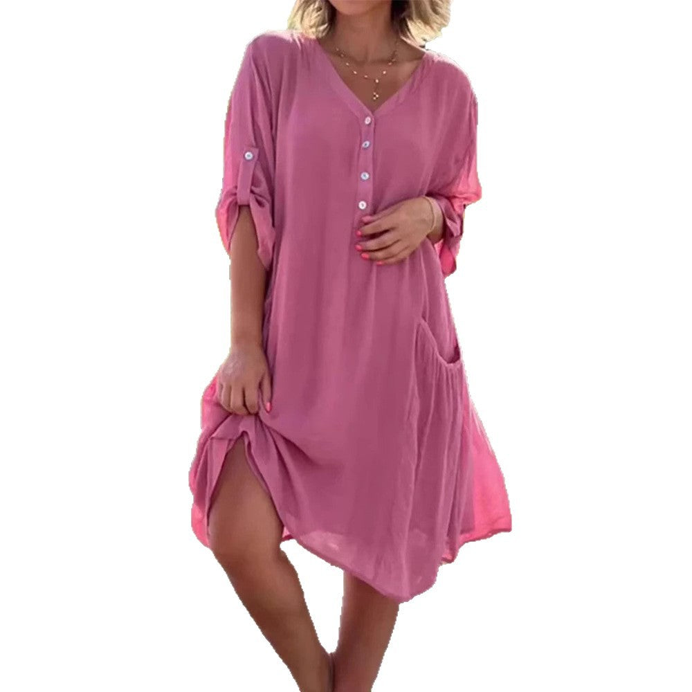 Damen nan luftiges V-Ausschnitt Strandkleid mit Knopfleiste, Krempelärmeln und aufgesetzten Seitentaschen Drune