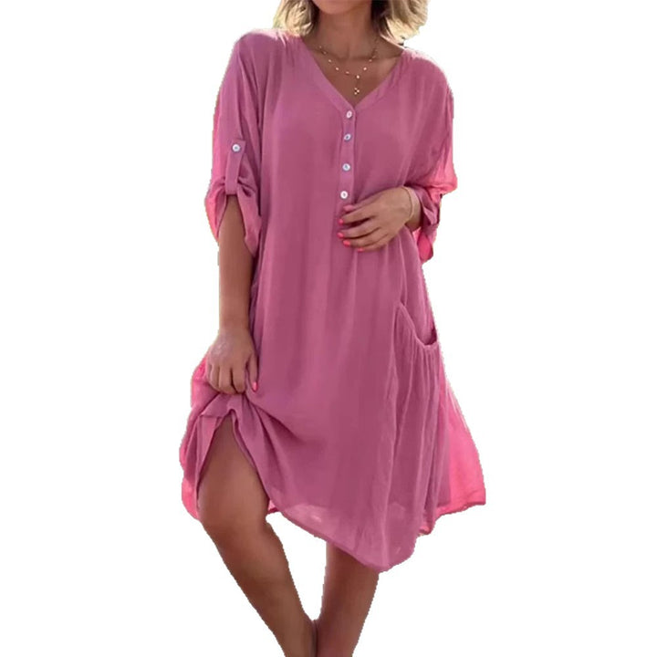 Damen nan luftiges V-Ausschnitt Strandkleid mit Knopfleiste, Krempelärmeln und aufgesetzten Seitentaschen Drune