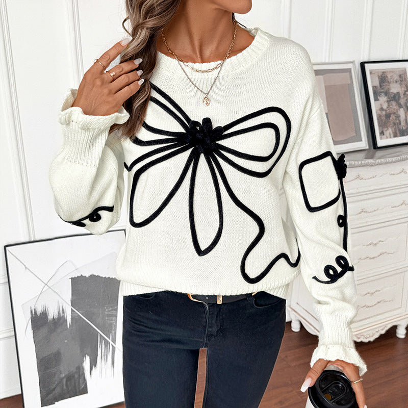 Damen Strickpullover mit floralen Applikationen und hohem Kragen Drune