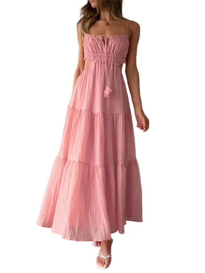 Damen luftiges Maxikleid mit Rüschendetails und verstellbarem Taillenband Drune