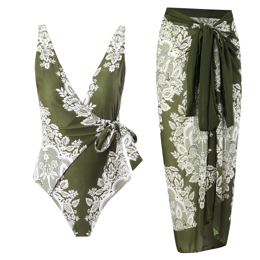 Damen Badeanzug mit modischem Wickelrock und floralem Design Drune