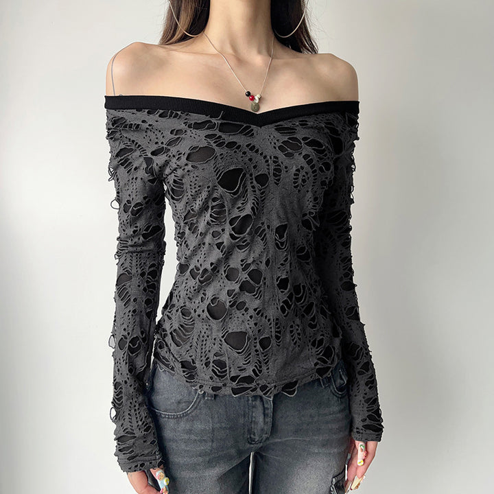 Damen nan transparentes Distressed-Spitzenshirt mit V-Ausschnitt, langärmeligem Layer-Look und innenliegendem Cami Drune
