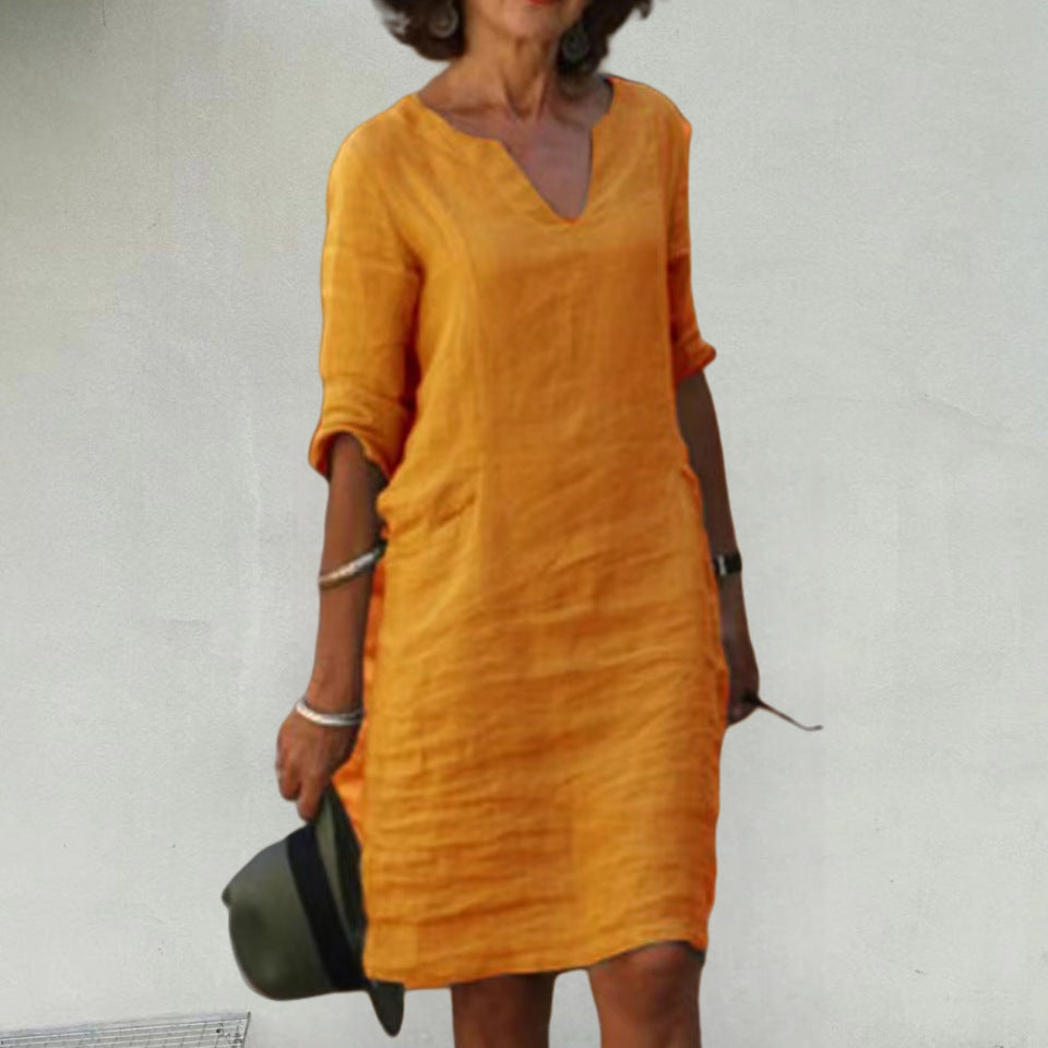 Damen Leichtes Sommerkleid mit eleganter V-Ausschnitt-Front und praktischen Seitentaschen Drune